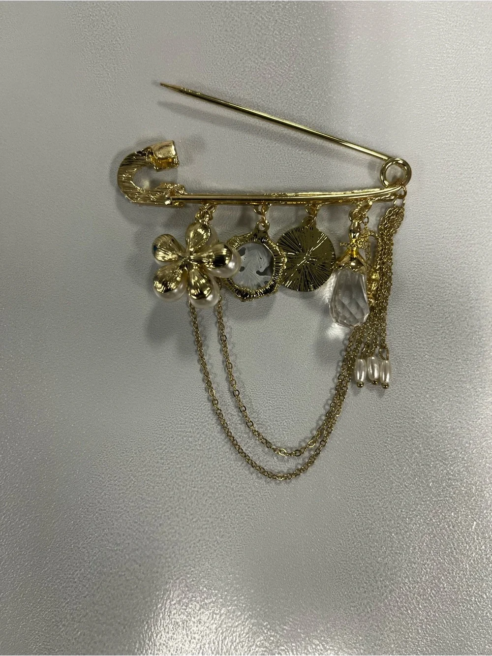 Gold Floral Charm Safety Pin Brooch with Crystal Drops
